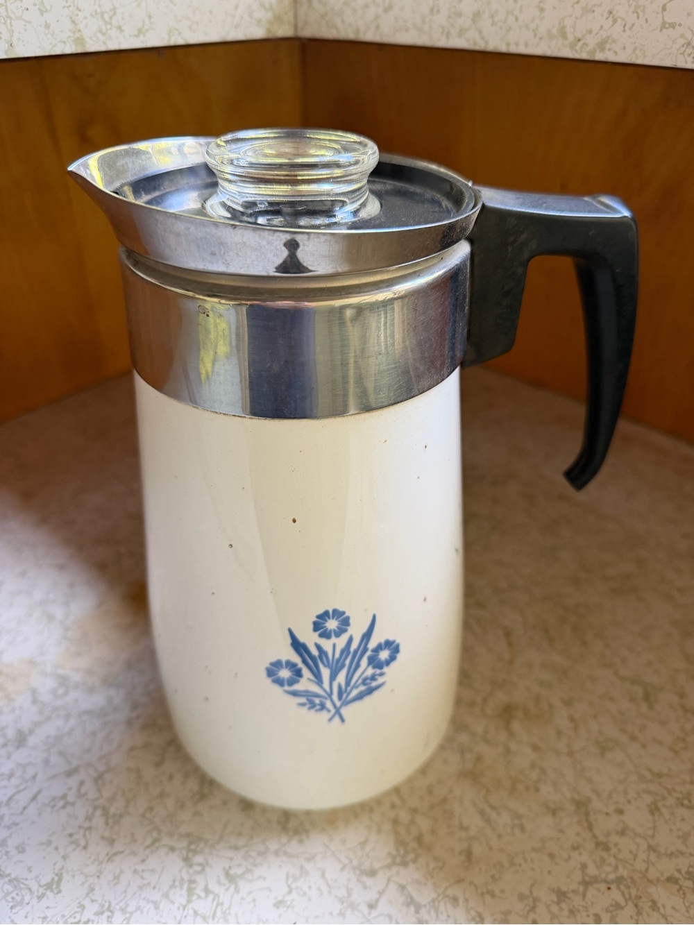 Corningware Cream Coffee Carafe with Blue Floral Accent and Black Handle